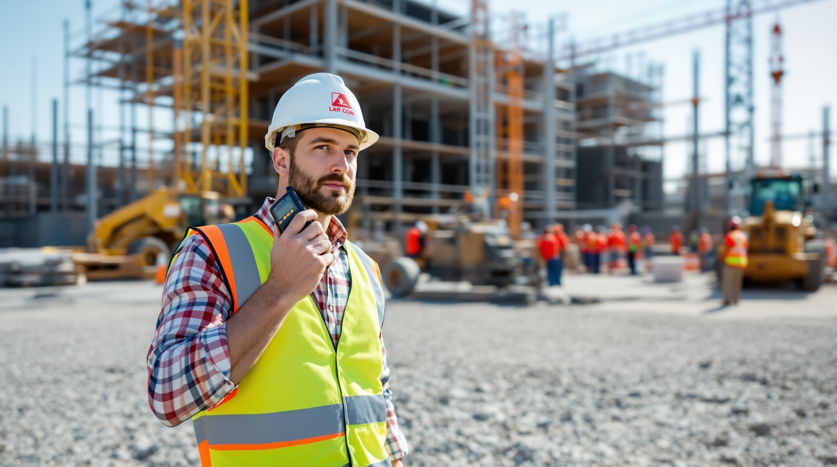 Construction worker using rugged two-way radio